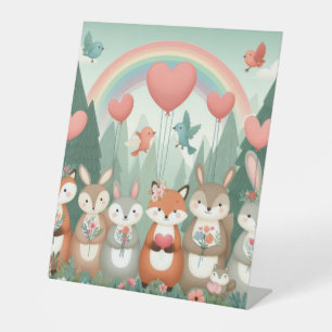 Cute Woodland Creature rainbow valentine's Pedestal Sign