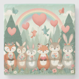 Cute Woodland Creature rainbow valentine's Stone Coaster