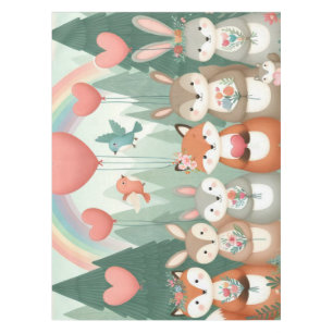 Cute Woodland Creature rainbow valentine's Tablecloth