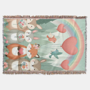 Cute Woodland Creature rainbow valentine's Throw Blanket