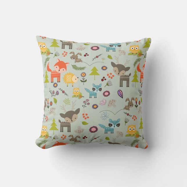 Cute Woodland Creatures Animal Pattern Cushion (Front)