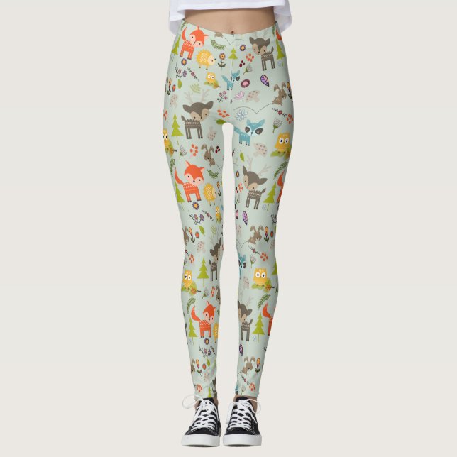 Cute Woodland Creatures Animal Pattern Leggings (Front)