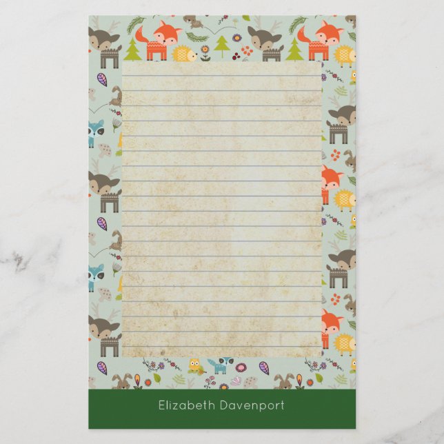 Cute Woodland Creatures Animal Pattern Lined Stationery (Front)
