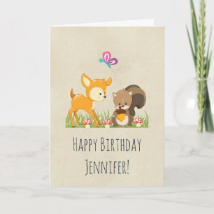 Cute Woodland Creatures Cartoon Birthday Card