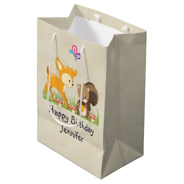 Cute Woodland Creatures Cartoon Birthday Medium Gift Bag (Front Angled)