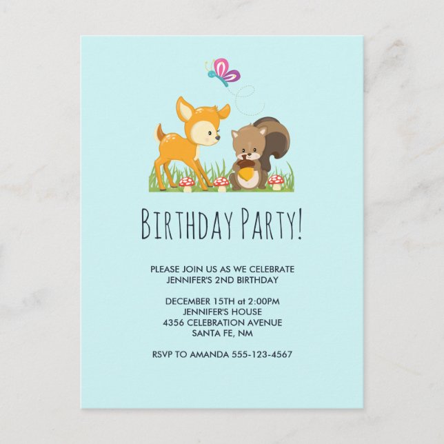 Cute Woodland Creatures Cartoon Birthday Party Invitation Postcard (Front)