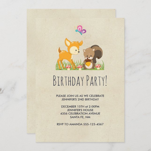 Cute Woodland Creatures Cartoon Drawing Birthday Invitation (Front/Back)
