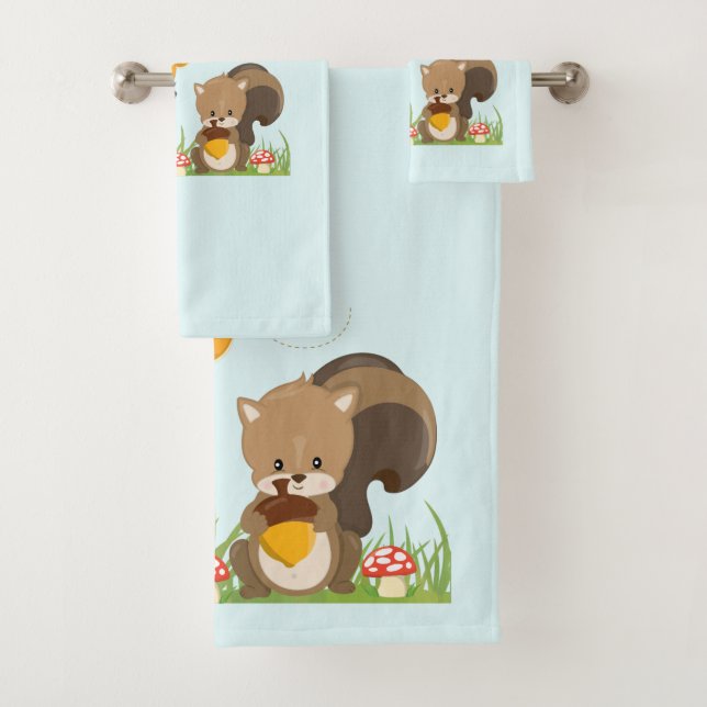 Cute Woodland Creatures Cartoon Illustration Bath Towel Set (Insitu)