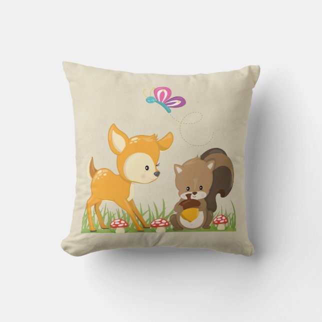 Cute Woodland Creatures Cartoon Illustration Cushion (Front)