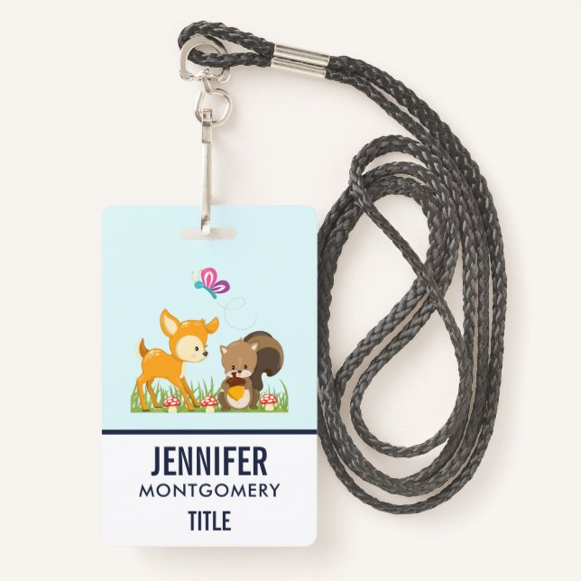 Cute Woodland Creatures Cartoon Illustration ID Badge (Front with Lanyard)