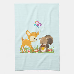 Cute Woodland Creatures Cartoon Illustration Tea Towel