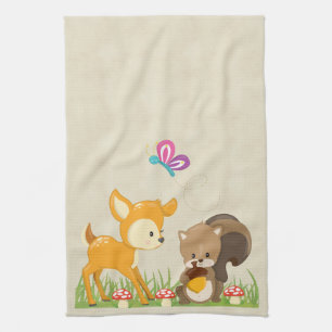 Cute Woodland Creatures Cartoon Illustration Tea Towel