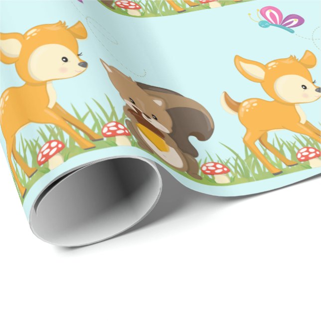Cute Woodland Creatures Cartoon Illustration Wrapping Paper (Roll Corner)