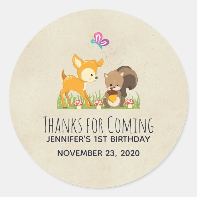 Cute Woodland Creatures Cartoon Party Thank You Classic Round Sticker (Front)
