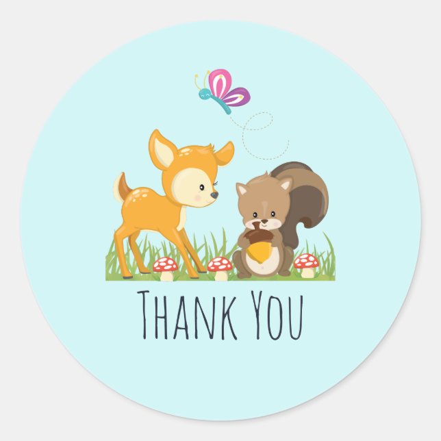 Cute Woodland Creatures Cartoon Thank You Classic Round Sticker (Front)