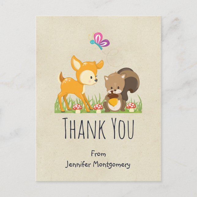 Cute Woodland Creatures Cartoon Thank You Postcard (Front)