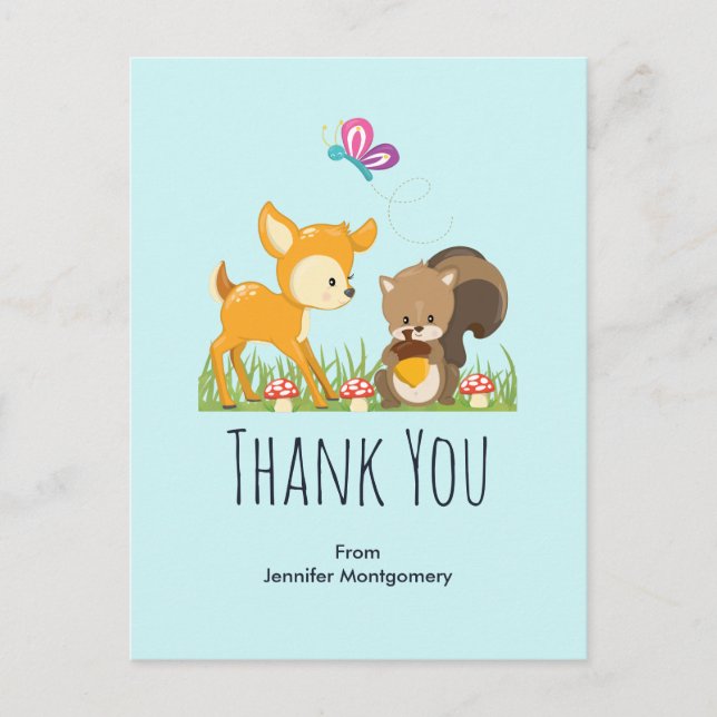 Cute Woodland Creatures Cartoon Thank You Postcard (Front)