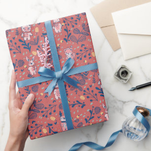 Cute Woodland Critters on red Coral – Christmas Wrapping Paper