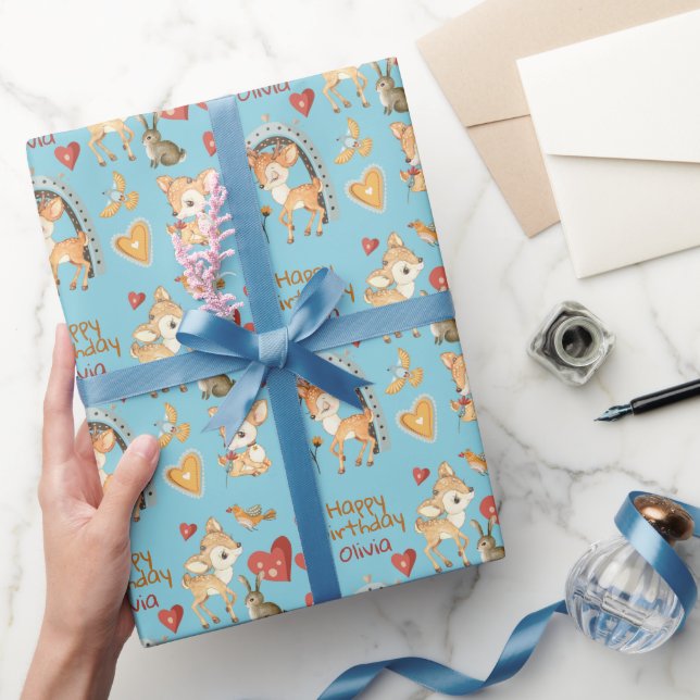 Cute Woodland Deer Birds Hearts Birthday Wrapping Paper (Gifting)