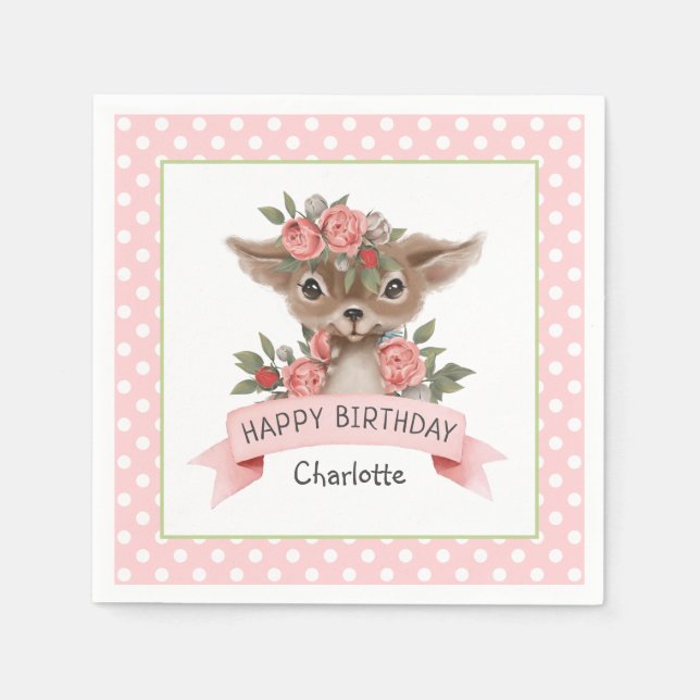 Cute Woodland Deer Birthday Party for Girl Napkin (Front)