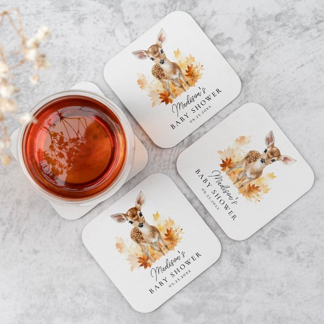 Cute Woodland Deer Fall Baby Shower Square Paper Coaster (Creator Uploaded)