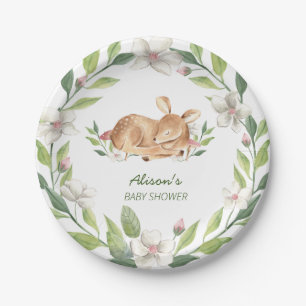 Cute Woodland Deer Floral Greenery Baby Shower 7" Paper Plate