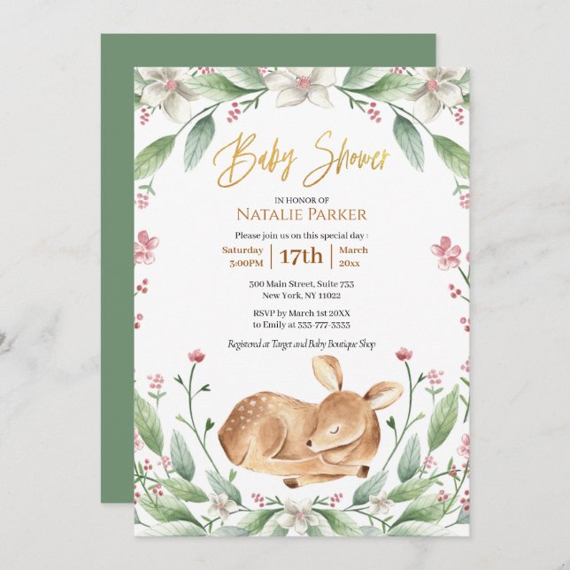 Cute Woodland Deer Floral Greenery Baby Shower Invitation (Front/Back)