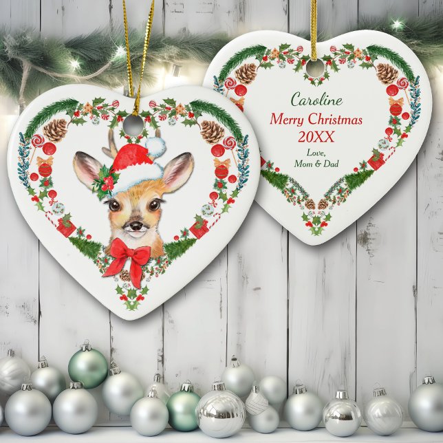 Cute Woodland Deer Heart Holiday Wreath Ceramic Ornament (Creator Uploaded)