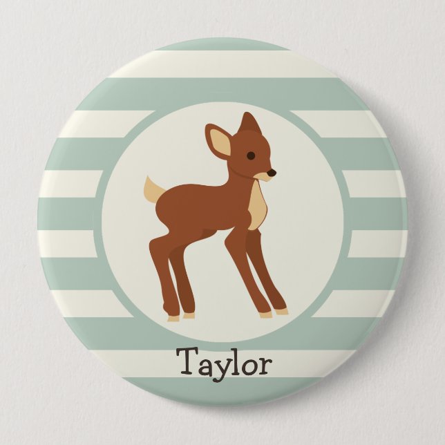 Cute Woodland Deer; Sage Green Stripes 10 Cm Round Badge (Front)