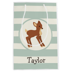 Cute Woodland Deer; Sage Green Stripes Medium Gift Bag