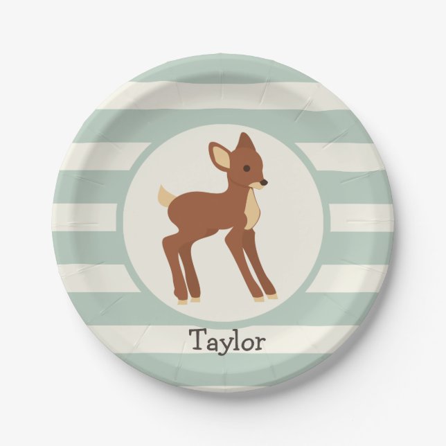 Cute Woodland Deer; Sage Green Stripes Paper Plate (Front)