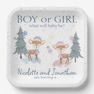 Cute Woodland Deer Winter Baby Gender Reveal Paper Plate