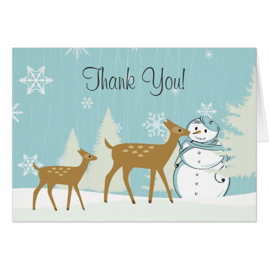 Cute Woodland Deer with Snowman Winter Thank You Card
