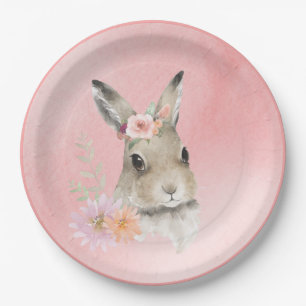 Cute Woodland Floral Bunny Watercolor Baby Shower Paper Plate