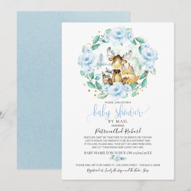 Cute Woodland Floral Greenery Baby Shower By Mail Invitation (Front/Back)