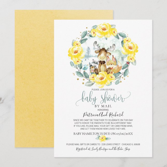 Cute Woodland Floral Greenery Baby Shower By Mail Invitation (Front/Back)