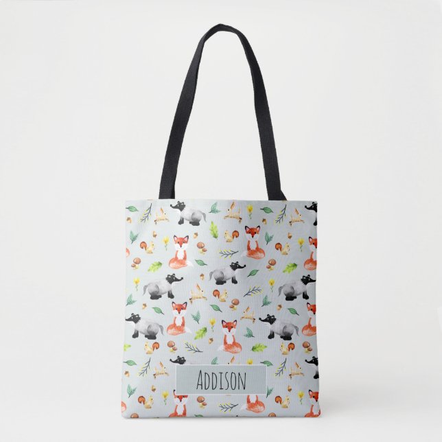 Cute Woodland Forest Animal Pattern and Name Kids Tote Bag (Front)