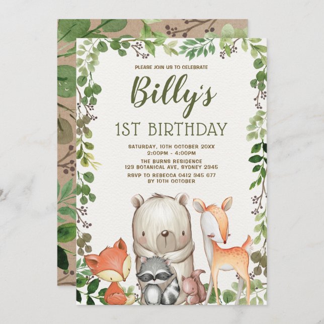 Cute Woodland Forest Animals 1st Birthday Party Invitation (Front/Back)