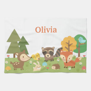 Cute Woodland Forest Animals and Creatures Tea Towel