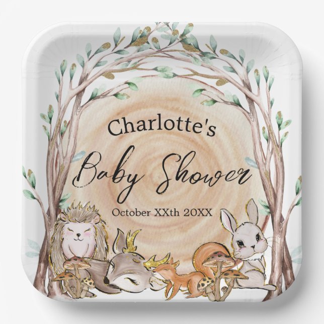 Cute Woodland Forest Animals Baby Shower Paper Plate (Front)
