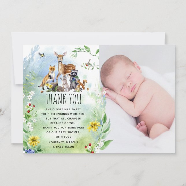 Cute Woodland Forest Animals Baby Shower Photo Thank You Card (Front)