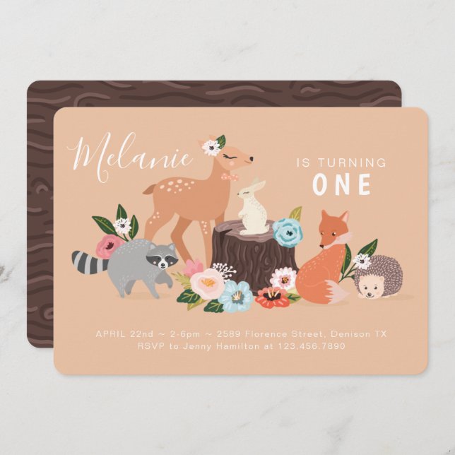 Cute Woodland Forest Animals First 1st Birthday Invitation (Front/Back)