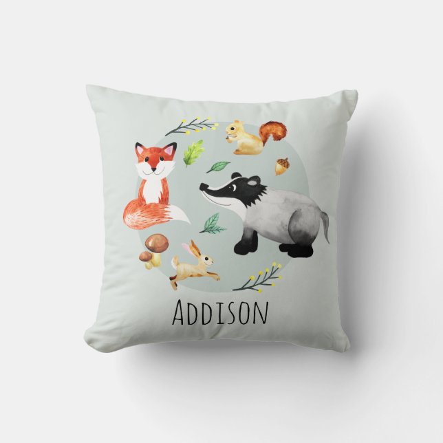 Cute Woodland Forest Animals Fox Name Kids Cushion (Front)