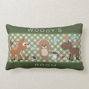 Cute Woodland Forest Animals Green Plaid Name Lumbar Cushion