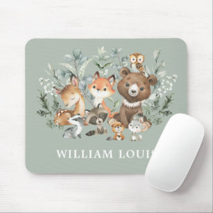 Cute Woodland Forest Animals Greenery Monogram Mouse Pad