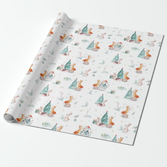 Cute Woodland Forest Animals Holiday Christmas Wrapping Paper (Unrolled)