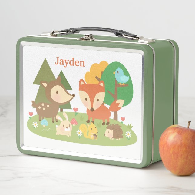 Cute Woodland Forest Animals Kids Personalised Metal Lunch Box (In Situ)