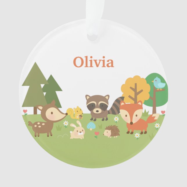 Cute Woodland Forest Animals Kids Personalised Ornament (Front)
