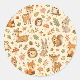 Cute Woodland Forest Animals Watercolor Pattern Classic Round Sticker