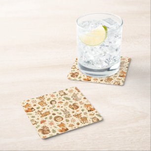 Cute Woodland Forest Animals Watercolor Pattern Square Paper Coaster